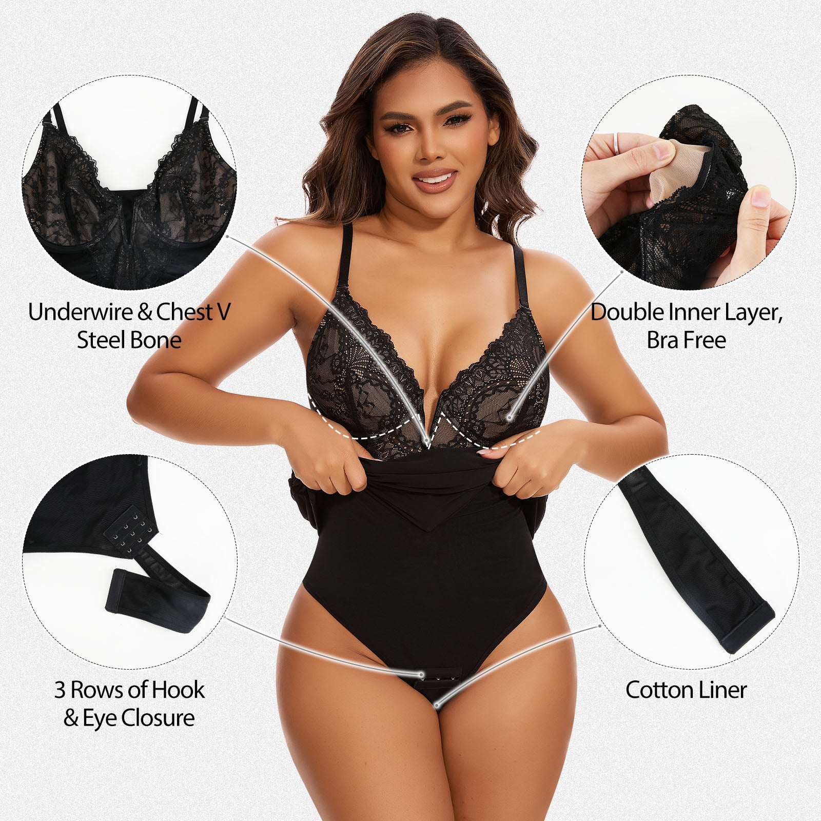 Goddess Shapewear Dress Deep V Neck Lace Bodycon Mini Dress